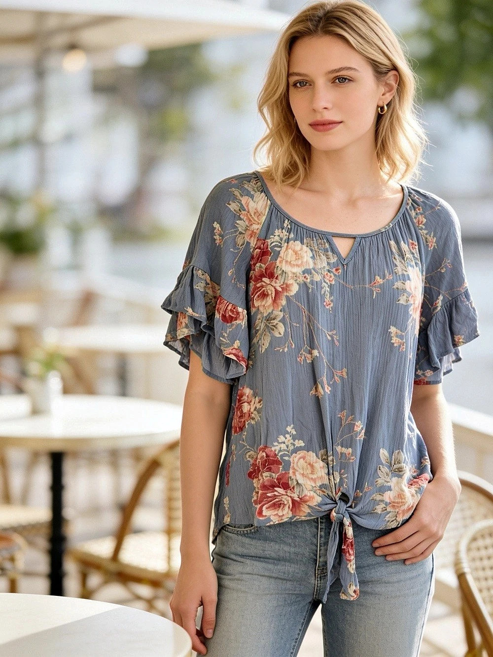 Maurices Floral Ruffle Sleeve Tie-Front Blouse Size S